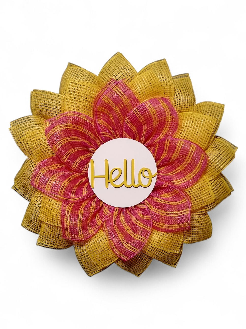 Hand Crafted Yellow and Pink Floral Mesh Welcome Wreath